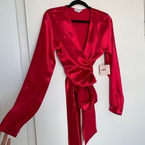 Red “Superdown” wrap silky evening blouse